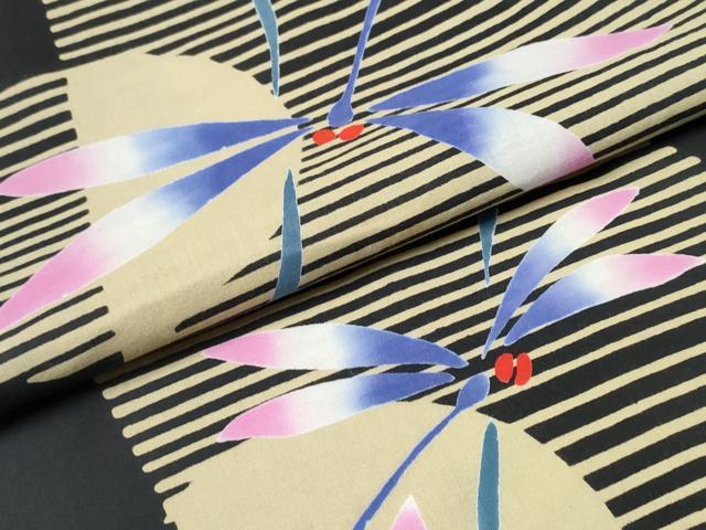 平和屋着物∴夏物 浴衣 注染 手縫い 満月蜻蛉横段文 黒地 綿 逸品 CABK5509ng