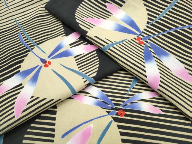 平和屋着物∴夏物 浴衣 注染 手縫い 満月蜻蛉横段文 黒地 綿 逸品 CABK5509ng
