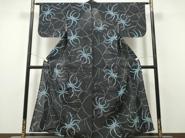 平和屋着物∴夏物 浴衣 注染 手縫い 蜘蛛 黒地 綿 逸品 CABK5510ng