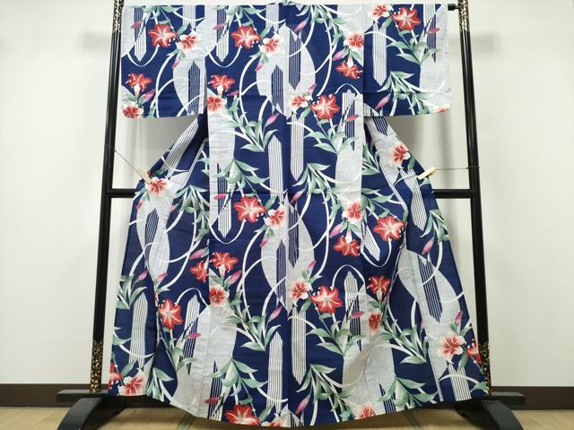 平和屋着物∴夏物 浴衣 百合 矢羽文様 綿 逸品 未使用 CABK5533ng