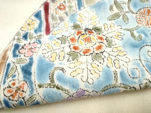 平和屋着物●九寸名古屋帯 作家物 絵皿花文 鬼しぼ縮緬 正絹 逸品 CABK5603hy