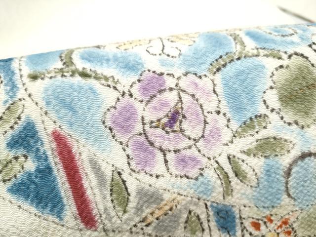 平和屋着物●九寸名古屋帯 作家物 絵皿花文 鬼しぼ縮緬 正絹 逸品 CABK5603hy