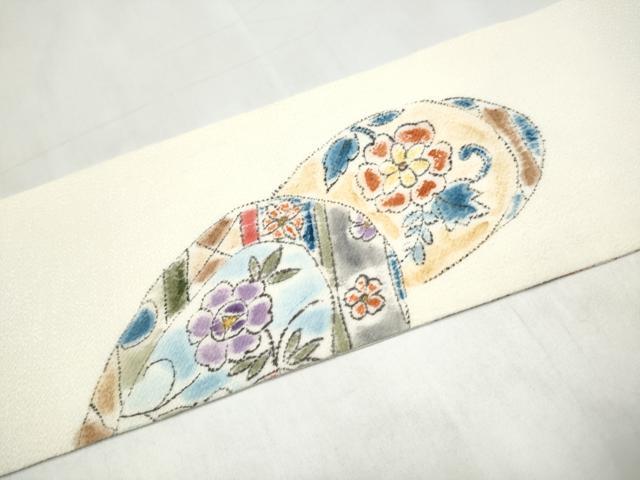 平和屋着物●九寸名古屋帯 作家物 絵皿花文 鬼しぼ縮緬 正絹 逸品 CABK5603hy