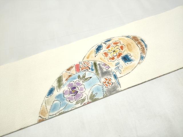平和屋着物●九寸名古屋帯 作家物 絵皿花文 鬼しぼ縮緬 正絹 逸品 CABK5603hy