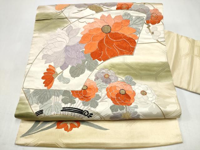 平和屋着物●アンティーク 大正ロマン 九寸名古屋帯 総刺繍 総手刺繍 地紙草花文 金糸 正絹 逸品 CABK5611hy