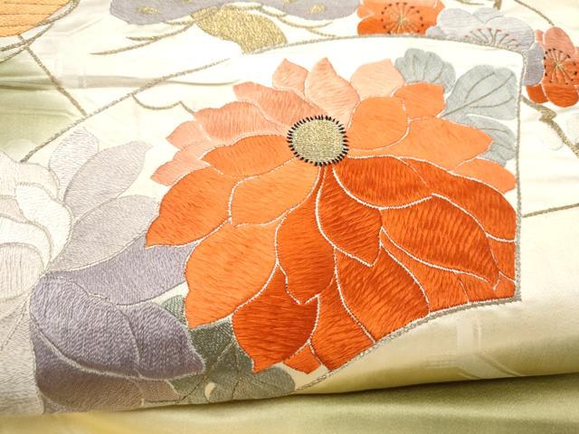 平和屋着物●アンティーク 大正ロマン 九寸名古屋帯 総刺繍 総手刺繍 地紙草花文 金糸 正絹 逸品 CABK5611hy