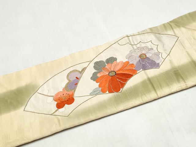 平和屋着物●アンティーク 大正ロマン 九寸名古屋帯 総刺繍 総手刺繍 地紙草花文 金糸 正絹 逸品 CABK5611hy