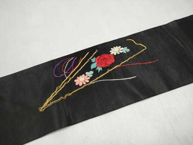 平和屋着物●アンティーク 大正ロマン 九寸名古屋帯 総手刺繍 駒刺繍 檜扇花鳥文 黒地 金銀糸 正絹 逸品 CABK5612hy