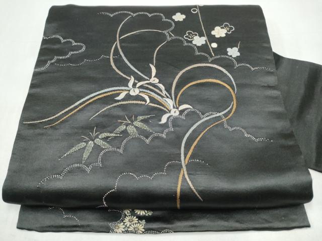 平和屋着物●アンティーク 大正ロマン 九寸名古屋帯 総刺繍 草花文 黒地 正絹 逸品 CABK5614hy