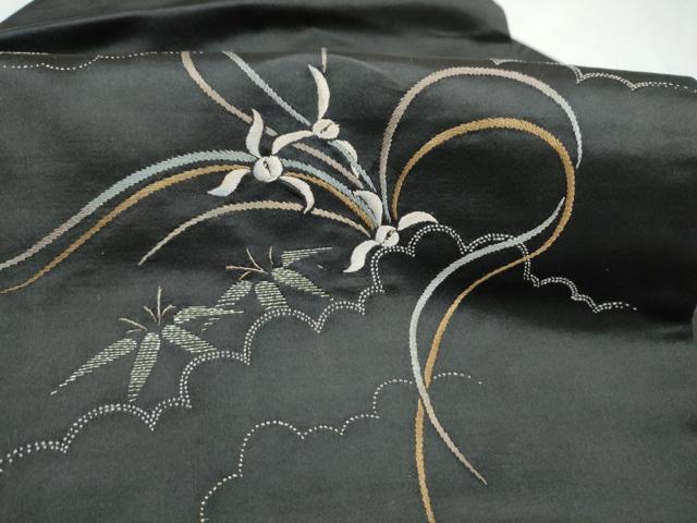 平和屋着物●アンティーク 大正ロマン 九寸名古屋帯 総刺繍 草花文 黒地 正絹 逸品 CABK5614hy