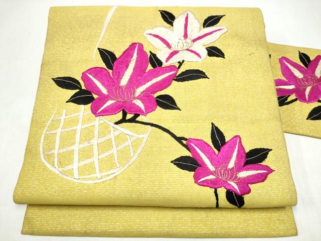 平和屋着物●アンティーク 大正ロマン 九寸名古屋帯 総手刺繍 花籠文 正絹 逸品 CABK5615hy
