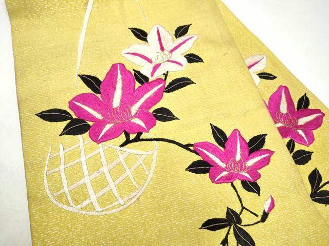 平和屋着物●アンティーク 大正ロマン 九寸名古屋帯 総手刺繍 花籠文 正絹 逸品 CABK5615hy