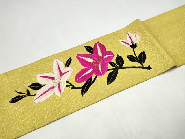 平和屋着物●アンティーク 大正ロマン 九寸名古屋帯 総手刺繍 花籠文 正絹 逸品 CABK5615hy