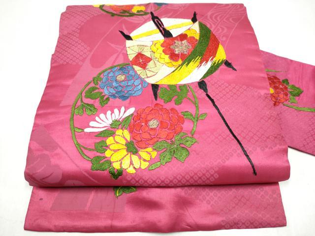 平和屋着物●アンティーク 大正ロマン 九寸名古屋帯 総手刺繍 糸巻き花文 金糸 正絹 逸品 CABK5616hy