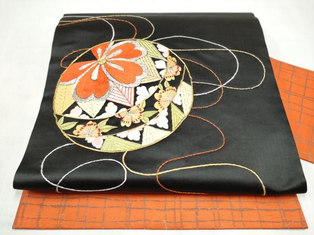 平和屋着物●九寸名古屋帯 総刺繍 駒刺繍 花毬文 金銀糸 正絹 逸品 CABK5619hy