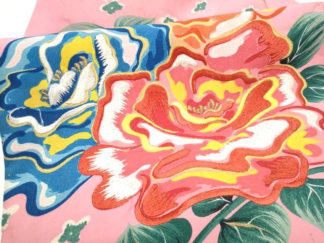 平和屋着物●アンティーク 大正ロマン 九寸名古屋帯 刺繍 枝花文 正絹 逸品 CABK5625hy