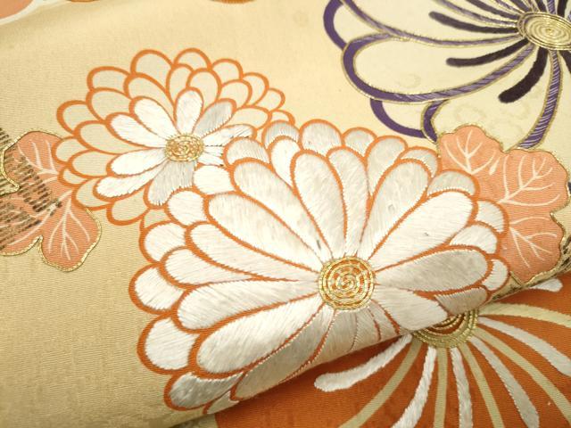 平和屋着物●アンティーク 大正ロマン 丸帯 駒刺繍 舞花文 正絹 逸品 CABK5635hy