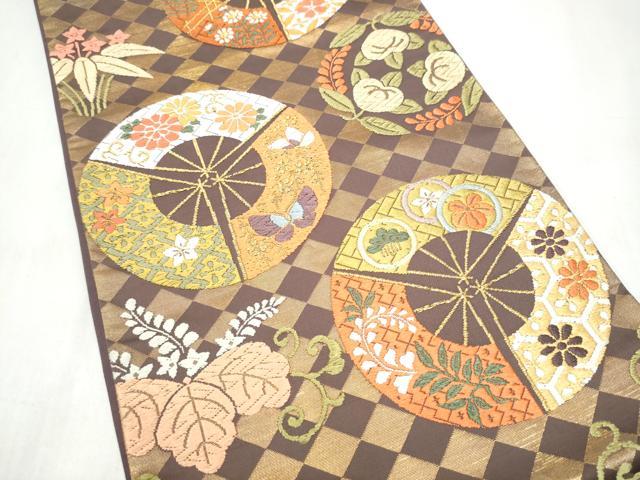 平和屋着物●西陣 河合美術織物謹製 六通柄袋帯 唐織 能衣錦 扇面花蝶文 金糸 正絹 逸品 CABK5646hy