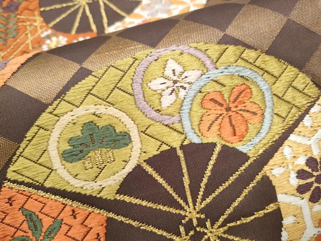 平和屋着物●西陣 河合美術織物謹製 六通柄袋帯 唐織 能衣錦 扇面花蝶文 金糸 正絹 逸品 CABK5646hy