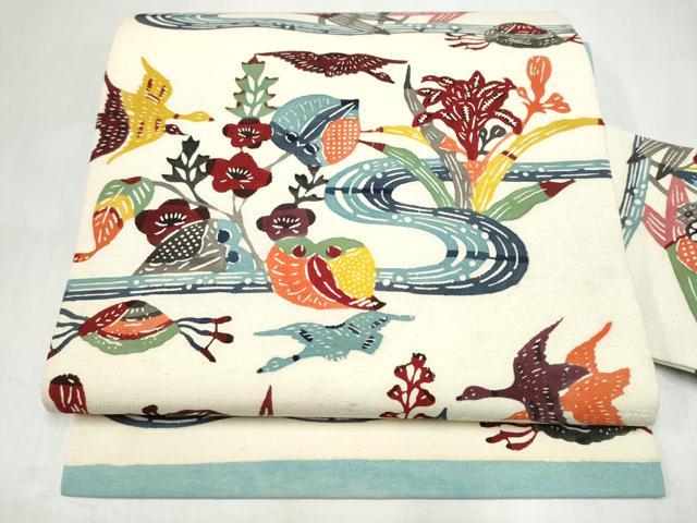 平和屋着物●九寸名古屋帯 型染め 流水草花文 正絹 逸品 CABK5659hy