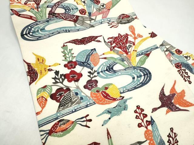 平和屋着物●九寸名古屋帯 型染め 流水草花文 正絹 逸品 CABK5659hy