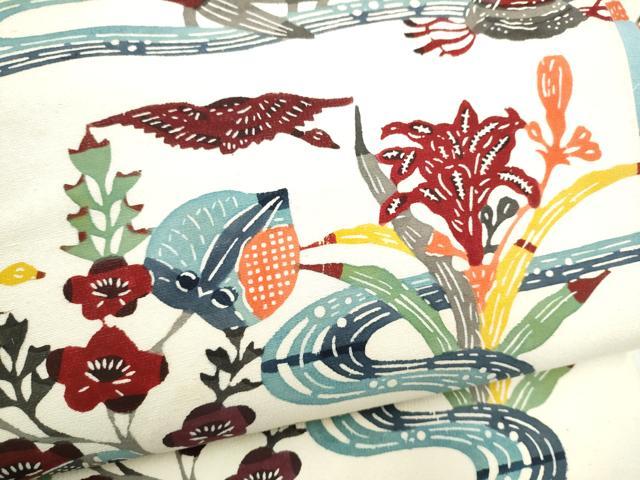 平和屋着物●九寸名古屋帯 型染め 流水草花文 正絹 逸品 CABK5659hy