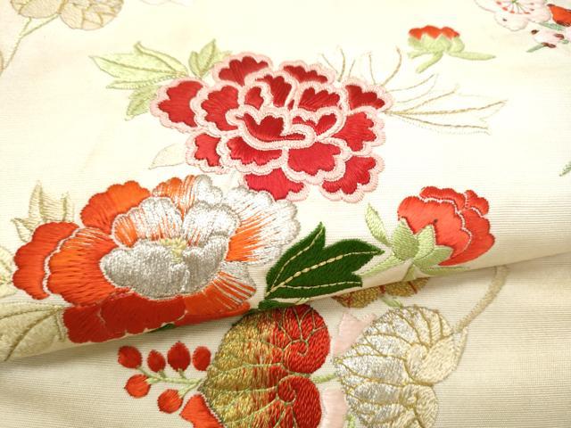 平和屋着物●アンティーク 大正ロマン 九寸名古屋帯 総手刺繍 枝花文 金銀糸 正絹 逸品 CABK5686hy