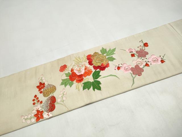 平和屋着物●アンティーク 大正ロマン 九寸名古屋帯 総手刺繍 枝花文 金銀糸 正絹 逸品 CABK5686hy