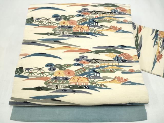 平和屋着物●九寸名古屋帯 紬地 型染め 風景文 正絹 逸品 CABK5699hy