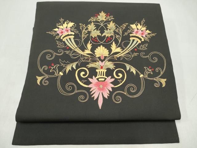 平和屋着物●塩瀬 つけ帯 駒刺繍 更紗花文 黒地 金彩 正絹 逸品 CABK5708hy