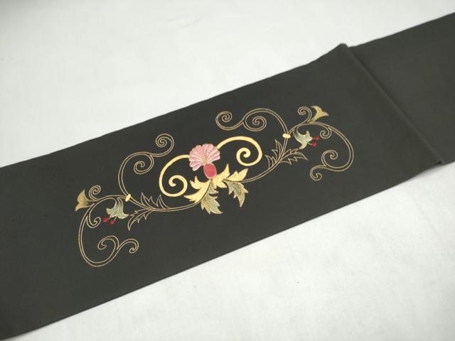 平和屋着物●塩瀬 つけ帯 駒刺繍 更紗花文 黒地 金彩 正絹 逸品 CABK5708hy