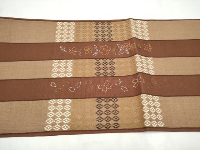 平和屋着物●六通柄袋帯 刺し子 草花間道 正絹 逸品 CABK5741hy