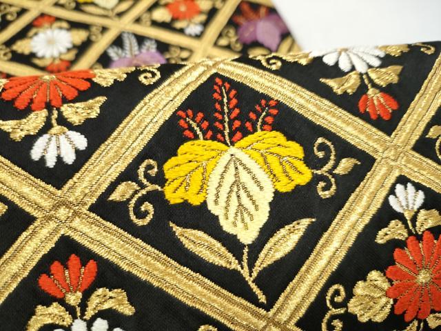 平和屋着物●六通柄袋帯 唐織 菱菊唐草文 黒地 金糸 正絹 逸品 CABK5742hy