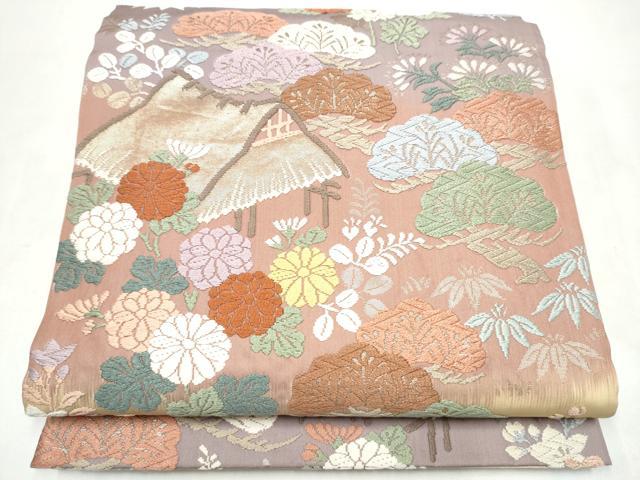 平和屋着物●六通柄袋帯 唐織 静装萩松菊文 金糸 正絹 逸品 CABK5756hy