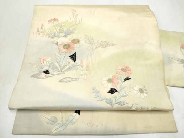 平和屋着物●アンティーク 大正ロマン 九寸名古屋帯 総刺繍 草花文 金銀糸 正絹 逸品 CABK5784hy