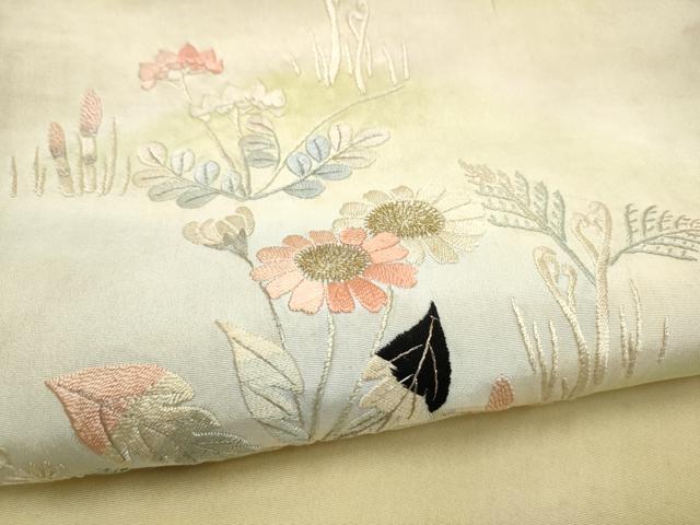 平和屋着物●アンティーク 大正ロマン 九寸名古屋帯 総刺繍 草花文 金銀糸 正絹 逸品 CABK5784hy
