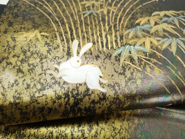 平和屋着物●九寸名古屋帯 パッチワーク 兎 金彩 引箔 正絹 逸品 CABK5788hy