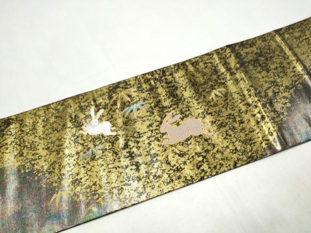 平和屋着物●九寸名古屋帯 パッチワーク 兎 金彩 引箔 正絹 逸品 CABK5788hy