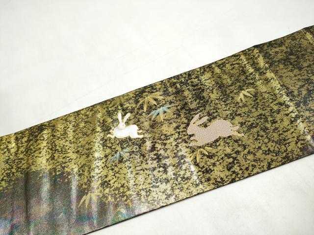 平和屋着物●九寸名古屋帯 パッチワーク 兎 金彩 引箔 正絹 逸品 CABK5788hy
