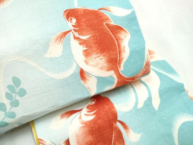 平和屋着物●両面 半幅帯 浴衣帯 金魚 麻の葉文様 綿 逸品 未使用 CABK5795hy