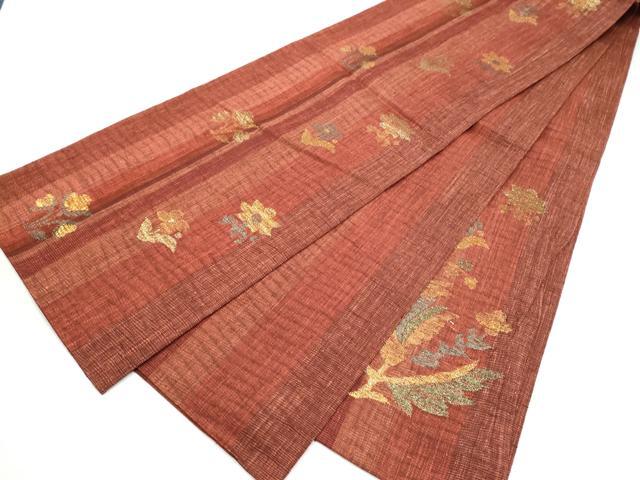 平和屋着物▽六通柄袋帯 スリーシーズン 春夏秋 草花文 金糸 正絹 逸品 CABK5806hy