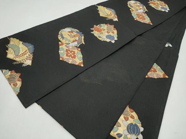 平和屋着物▽六通柄袋帯 スリーシーズン 春夏秋 鶴丸菱文 黒地 金糸 正絹 逸品 CABK5827hy