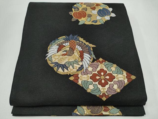 平和屋着物▽六通柄袋帯 スリーシーズン 春夏秋 鶴丸菱文 黒地 金糸 正絹 逸品 CABK5827hy