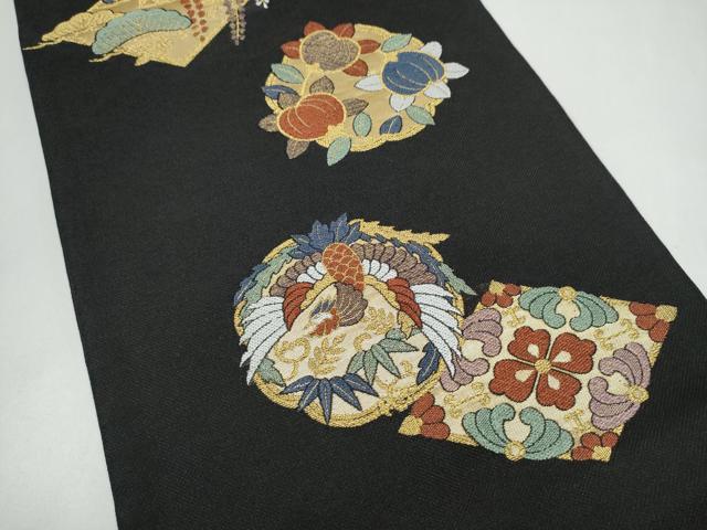 平和屋着物▽六通柄袋帯 スリーシーズン 春夏秋 鶴丸菱文 黒地 金糸 正絹 逸品 CABK5827hy