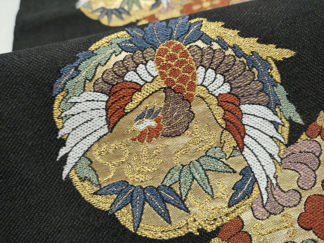 平和屋着物▽六通柄袋帯 スリーシーズン 春夏秋 鶴丸菱文 黒地 金糸 正絹 逸品 CABK5827hy