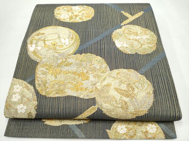 平和屋着物▽六通柄袋帯 スリーシーズン 春夏秋 草花丸文 金糸 正絹 逸品 CABK5828hy
