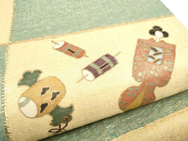 平和屋着物▽太鼓柄袋帯 スリーシーズン 春夏秋 すくい織 玩具文 金糸 正絹 逸品 CABK5829hy