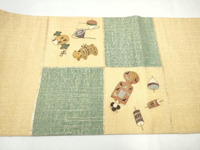 平和屋着物▽太鼓柄袋帯 スリーシーズン 春夏秋 すくい織 玩具文 金糸 正絹 逸品 CABK5829hy