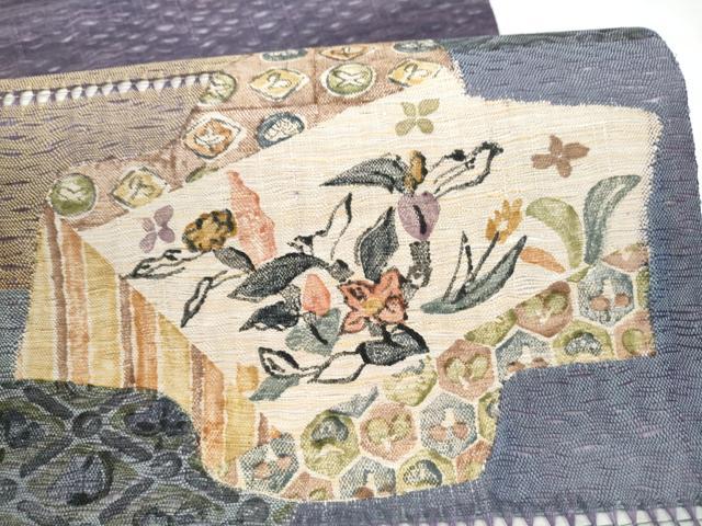 平和屋着物▽太鼓柄袋帯 スリーシーズン 春夏秋 すくい織 吉祥花文 正絹 逸品 CABK5841hy