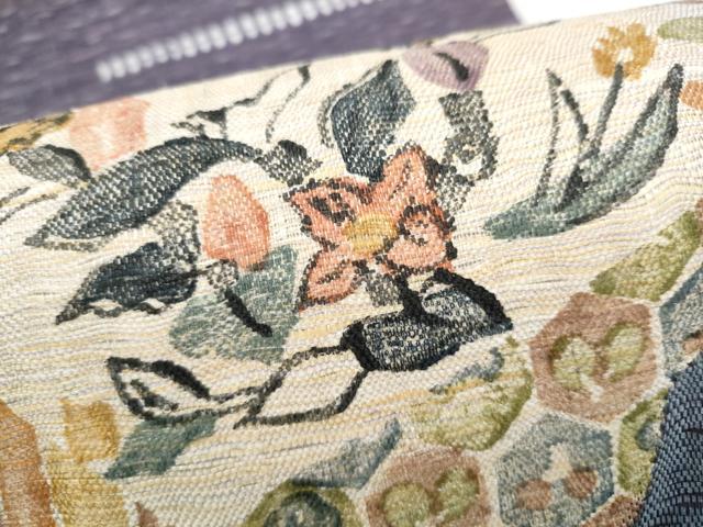 平和屋着物▽太鼓柄袋帯 スリーシーズン 春夏秋 すくい織 吉祥花文 正絹 逸品 CABK5841hy